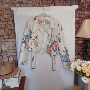 Flying Tomato Beige Floral Faux Leather Jacket - Medium